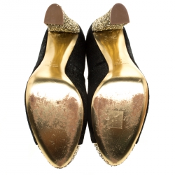 Pre Owned Miu Miu Metallic Black Calf Hair And Coarse Gold Glitter Cap Toe Block Heel Pumps Size 40