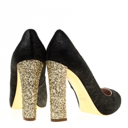 Pre Owned Miu Miu Metallic Black Calf Hair And Coarse Gold Glitter Cap Toe Block Heel Pumps Size 40