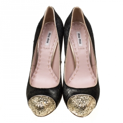 Pre Owned Miu Miu Metallic Black Calf Hair And Coarse Gold Glitter Cap Toe Block Heel Pumps Size 40