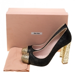 Pre Owned Miu Miu Metallic Black Calf Hair And Coarse Gold Glitter Cap Toe Block Heel Pumps Size 40
