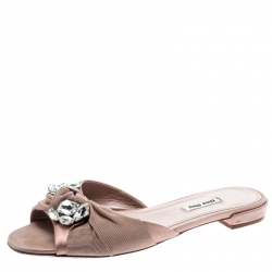 Pre Owned Miu Miu Beige Satin And Canvas Knot Crystal Embellished Slide Sandals Size 39.5