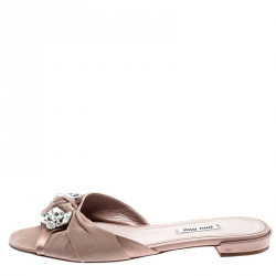 Pre Owned Miu Miu Beige Satin And Canvas Knot Crystal Embellished Slide Sandals Size 39.5