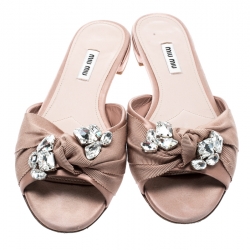 Pre Owned Miu Miu Beige Satin And Canvas Knot Crystal Embellished Slide Sandals Size 39.5