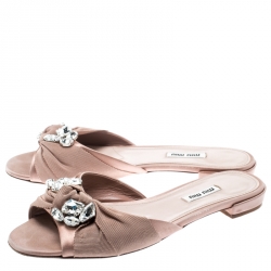 Pre Owned Miu Miu Beige Satin And Canvas Knot Crystal Embellished Slide Sandals Size 39.5