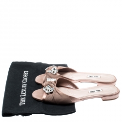 Pre Owned Miu Miu Beige Satin And Canvas Knot Crystal Embellished Slide Sandals Size 39.5