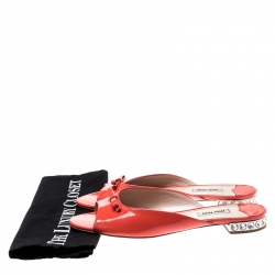 Miu Miu Coral Patent Leather Bow Detail Jeweled Heel Flat Slides Size 39