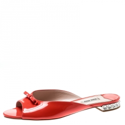 Miu Miu Coral Patent Leather Bow Detail Jeweled Heel Flat Slides Size 39