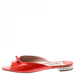 Miu Miu Coral Patent Leather Bow Detail Jeweled Heel Flat Slides Size 39