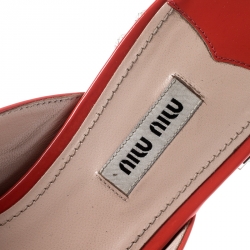 Miu Miu Coral Patent Leather Bow Detail Jeweled Heel Flat Slides Size 39