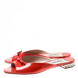 Miu Miu Coral Patent Leather Bow Detail Jeweled Heel Flat Slides Size 39