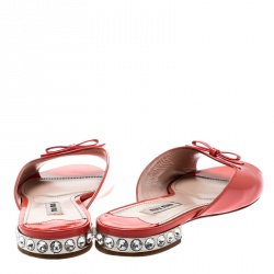 Miu Miu Coral Patent Leather Bow Detail Jeweled Heel Flat Slides Size 39