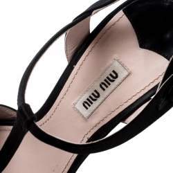 Miu Miu Black Satin T-Strap Crystal Embellished Block Heel Ankle Strap Sandals 38