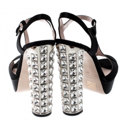 Miu Miu Black Satin T-Strap Crystal Embellished Block Heel Ankle Strap Sandals 38