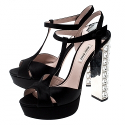 Miu Miu Black Satin T-Strap Crystal Embellished Block Heel Ankle Strap Sandals 38