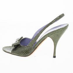 Miu Miu Green Embossed Leather Bow Slingback Sandals Size 38.5
