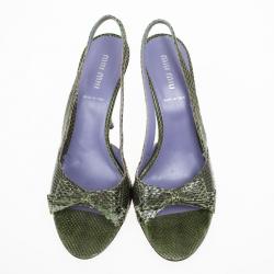 Miu Miu Green Embossed Leather Bow Slingback Sandals Size 38.5