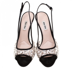 Miu Miu Black Satin And Crystal Embellished PVC Slingback Sandals Size 39