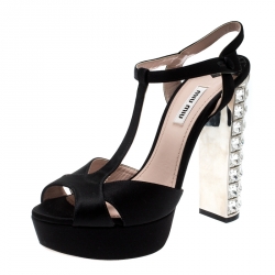 Miu Miu Black Satin Crystal Embellished Heel T Strap Platform Sandals Size 38.5