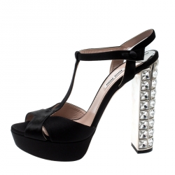 Miu Miu Black Satin Crystal Embellished Heel T Strap Platform Sandals Size 38.5