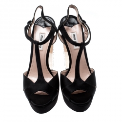 Miu Miu Black Satin Crystal Embellished Heel T Strap Platform Sandals Size 38.5