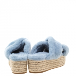 Miu Miu Light Blue Shearling Cross Strap Espadrille Platform Slides Size 38