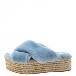 Miu Miu Light Blue Shearling Cross Strap Espadrille Platform Slides Size 38