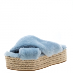 Miu Miu Light Blue Shearling Cross Strap Espadrille Platform Slides Size 38