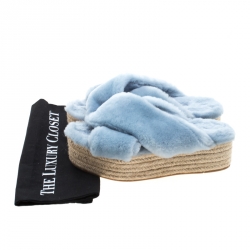 Miu Miu Light Blue Shearling Cross Strap Espadrille Platform Slides Size 38