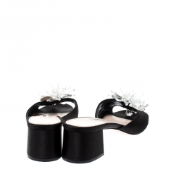 Miu Miu Black Satin Crystal Embellished Peep Toe Block Heel Slides Size 37