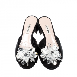 Miu Miu Black Satin Crystal Embellished Peep Toe Block Heel Slides Size 37