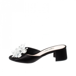 Miu Miu Black Satin Crystal Embellished Peep Toe Block Heel Slides Size 37