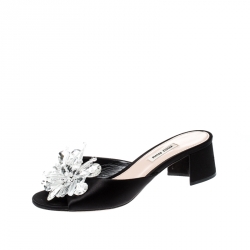Miu Miu Black Satin Crystal Embellished Peep Toe Block Heel Slides Size 37