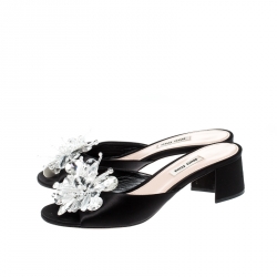 Miu Miu Black Satin Crystal Embellished Peep Toe Block Heel Slides Size 37