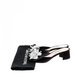 Miu Miu Black Satin Crystal Embellished Peep Toe Block Heel Slides Size 37