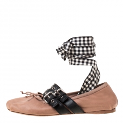 Pre Owned Miu Miu Nude Beige Leather Belted Ankle Wrap Ballerina Flats Size 39