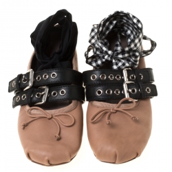 Pre Owned Miu Miu Nude Beige Leather Belted Ankle Wrap Ballerina Flats Size 39