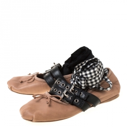 Pre Owned Miu Miu Nude Beige Leather Belted Ankle Wrap Ballerina Flats Size 39