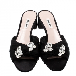 Miu Miu Black Crsytal Embellished Satin and Canvas Slide Sandals Size 40.5