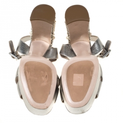 Miu Miu Metallic Silver Leather Crystal Embellished Block Heel Ankle Strap Sandals Size 39