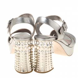 Miu Miu Metallic Silver Leather Crystal Embellished Block Heel Ankle Strap Sandals Size 39