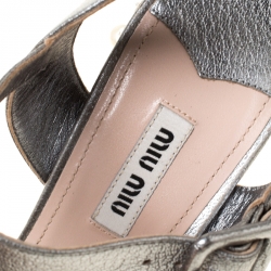 Miu Miu Metallic Silver Leather Crystal Embellished Block Heel Ankle Strap Sandals Size 39