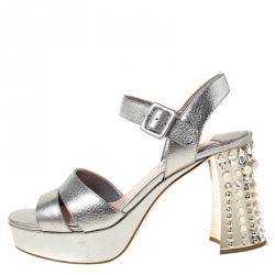 Miu Miu Metallic Silver Leather Crystal Embellished Block Heel Ankle Strap Sandals Size 39