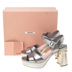 Miu Miu Metallic Silver Leather Crystal Embellished Block Heel Ankle Strap Sandals Size 39