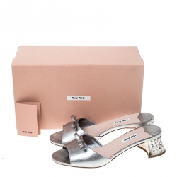 Miu Miu Silver Leather Bow Open Toe Crystal Embellished Heel Sandals Size 39
