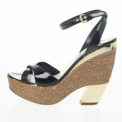 مملوكة مسبقًا Miu Miu Black Patent Leather Espadrilles Wedges Sandals Size 40