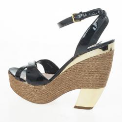 مملوكة مسبقًا Miu Miu Black Patent Leather Espadrilles Wedges Sandals Size 40