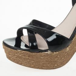مملوكة مسبقًا Miu Miu Black Patent Leather Espadrilles Wedges Sandals Size 40