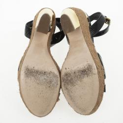 مملوكة مسبقًا Miu Miu Black Patent Leather Espadrilles Wedges Sandals Size 40
