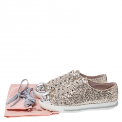 Miu Miu Gold Coarse Glitter Leather Crystal Embellished Cap Toe Lace Up Sneakers Size 36.5