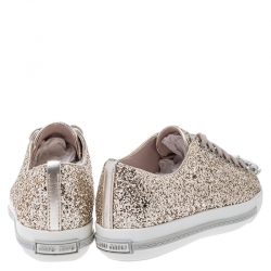 Miu Miu Gold Coarse Glitter Leather Crystal Embellished Cap Toe Lace Up Sneakers Size 36.5